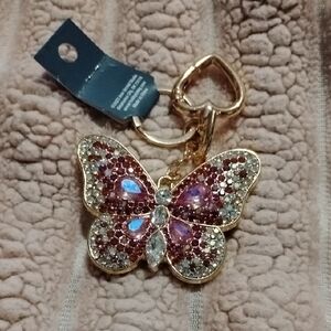 Gold Butterfly Crystal Handbag Charm n Keychain - Pink & Clear Rhinestones